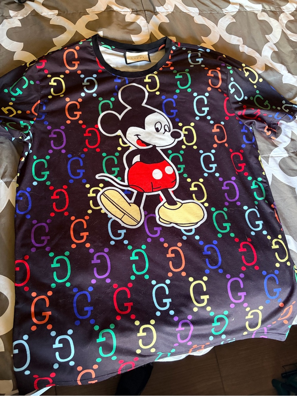 Gucci Black Tee with Multicolor G Pattern and Mickey Graphic